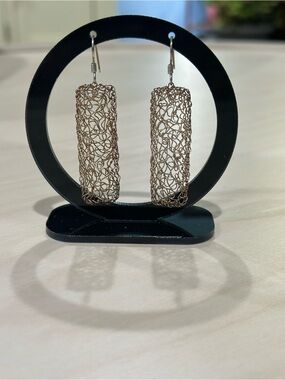 Bronze Tone Wire Wrapped Rectangular Dangle Earrings (Unsigned)